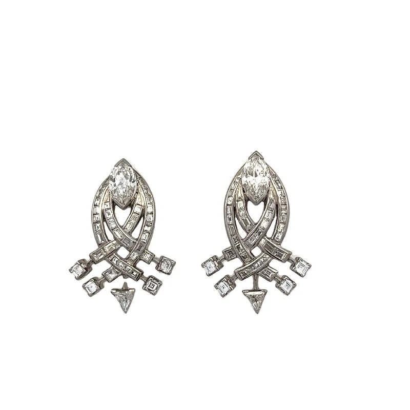 Modern Statement Jewelry For Bold Styling Antique Mid-century Diamond Earrings in Platinum Modern Statement Jewelry For Bold Styling Antique Mid-century Diamond Earrings in Platinum
