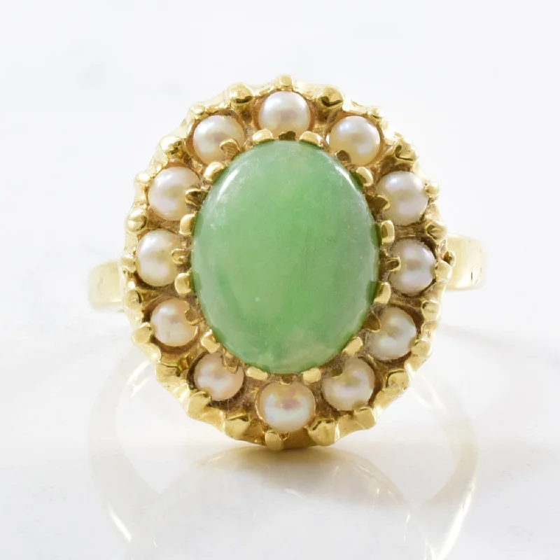 Handmade Pearl Jewelry For Timeless Elegance Jade & Pearl Cocktail Ring Circa 1950s | SZ 5.5 Handmade Pearl Jewelry For Timeless Elegance Jade & Pearl Cocktail Ring Circa 1950s | SZ 5.5