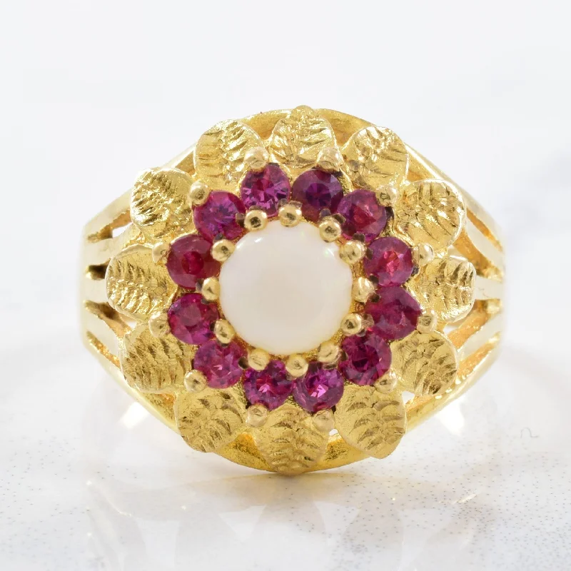 Affordable Glamour – Premium Jewelry For Less 1970's Opal and Ruby Halo Ring | 0.35ct, 0.54ctw | SZ 8.25 | Affordable Glamour – Premium Jewelry For Less 1970's Opal and Ruby Halo Ring | 0.35ct, 0.54ctw | SZ 8.25 |