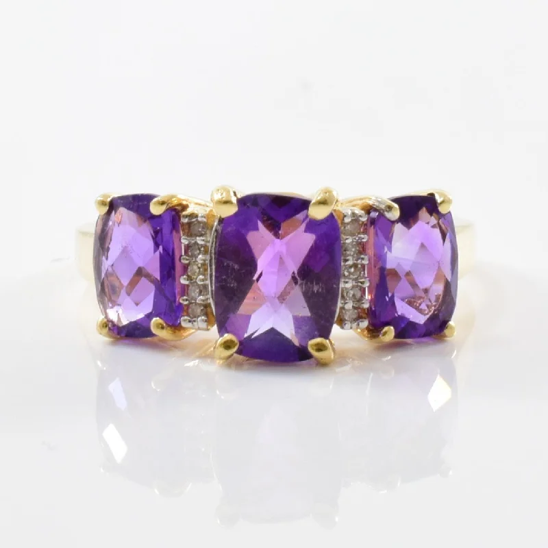 Elegant Rose Gold Jewelry For A Stylish Touch Cushion Cut Three Stone Amethyst Ring | 0.02ctw, 3.10ctw | SZ 8 | Elegant Rose Gold Jewelry For A Stylish Touch Cushion Cut Three Stone Amethyst Ring | 0.02ctw, 3.10ctw | SZ 8 |