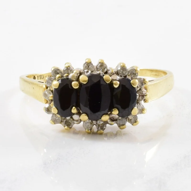 Modern Jewelry At Exclusive Discounts – Shop Today Three Stone Sapphire & Diamond Halo Ring | 0.18ctw, 1.00ctw | SZ 9 | Modern Jewelry At Exclusive Discounts – Shop Today Three Stone Sapphire & Diamond Halo Ring | 0.18ctw, 1.00ctw | SZ 9 |