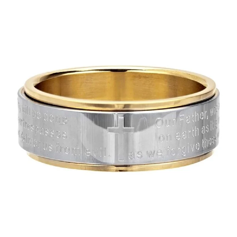 Dazzling Deals On Necklaces, Bracelets, And More Polished Stainless Steel and Gold PVD Plated Spinner Ring with Lord's Prayer | 8mm Dazzling Deals On Necklaces, Bracelets, And More Polished Stainless Steel and Gold PVD Plated Spinner Ring with Lord's Prayer | 8mm