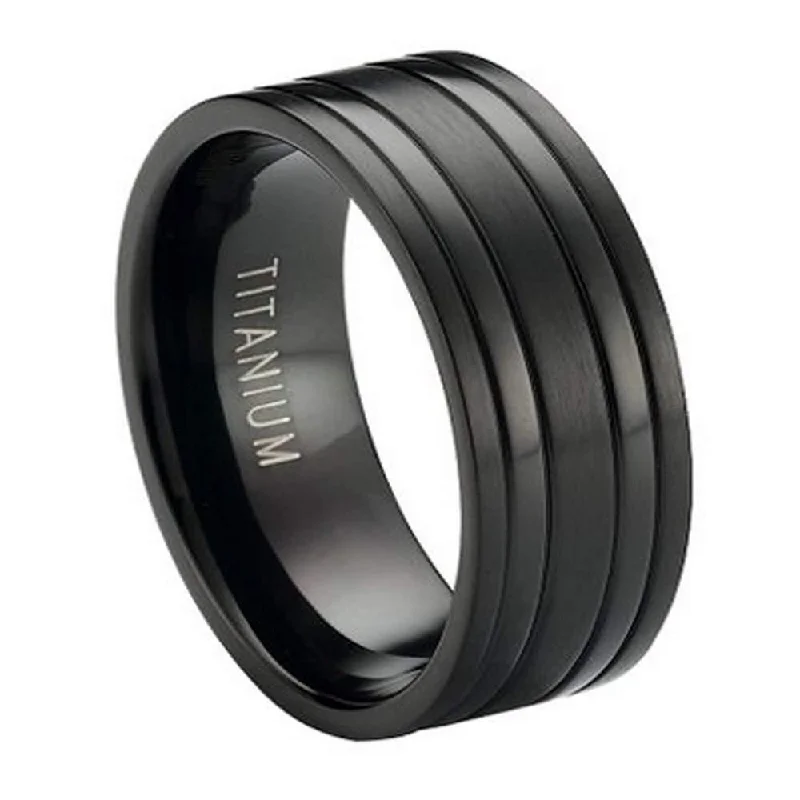 Fashion-Forward Geometric Jewelry For Contemporary Style Black Titanium Wedding Band with Satin Finish and Polished Bands | 8mm Fashion-Forward Geometric Jewelry For Contemporary Style Black Titanium Wedding Band with Satin Finish and Polished Bands | 8mm