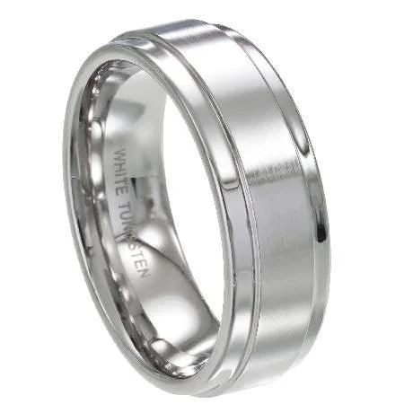 Bohemian-Inspired Jewelry For Free-Spirited Fashion Men's White Tungsten Ring with Flat Satin Finish and Polished Edges-8mm Bohemian-Inspired Jewelry For Free-Spirited Fashion Men's White Tungsten Ring with Flat Satin Finish and Polished Edges-8mm