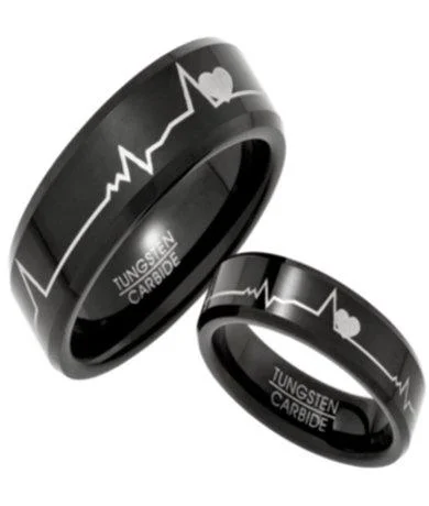 Adjustable Charm Bracelets For A Perfect Fit Black Tungsten His and Her Rings with Hearts and Heartbeats Design Adjustable Charm Bracelets For A Perfect Fit Black Tungsten His and Her Rings with Hearts and Heartbeats Design