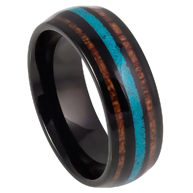 Upgrade Your Collection With Our Limited-Time Jewelry Sale Men's Black IP Tungsten with Koa Wood and Crushed Turquoise Inlay-8mm Upgrade Your Collection With Our Limited-Time Jewelry Sale Men's Black IP Tungsten with Koa Wood and Crushed Turquoise Inlay-8mm