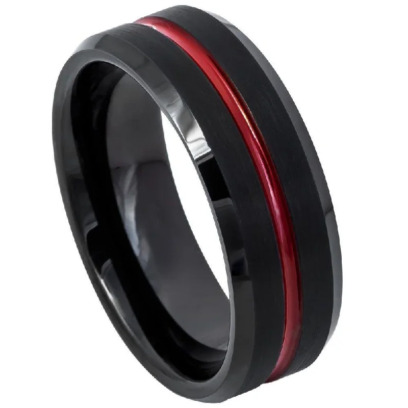 Customized Silver Jewelry For Unique Style Tungsten Black Brushed Bevel Edge Ring with Red Polished Line-8mm Customized Silver Jewelry For Unique Style Tungsten Black Brushed Bevel Edge Ring with Red Polished Line-8mm