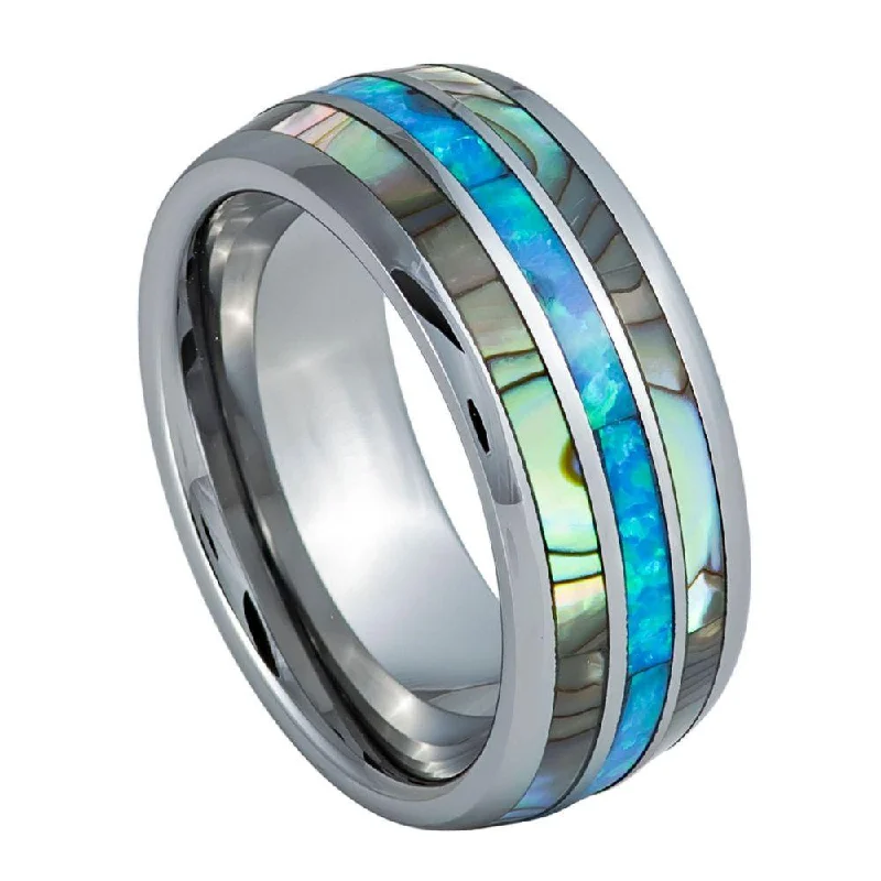 Eco-Friendly Sustainable Jewelry For Conscious Buyers Tungsten Ring with Opal and Mother of Pearl Inlay-8mm Eco-Friendly Sustainable Jewelry For Conscious Buyers Tungsten Ring with Opal and Mother of Pearl Inlay-8mm
