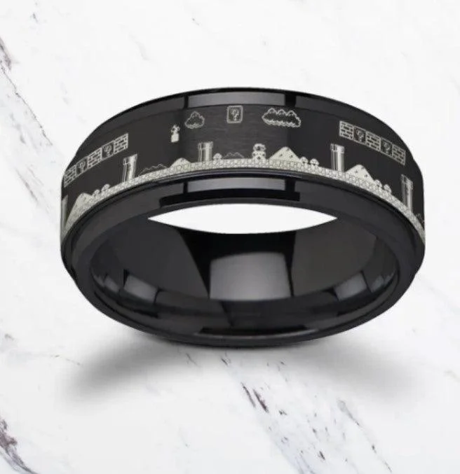 High-End Sparkle, Low-End Prices – Shop Now Spinning Engraved Super Mario Bros Pixel Level Game Black Tungsten Carbide Ring- 8mm