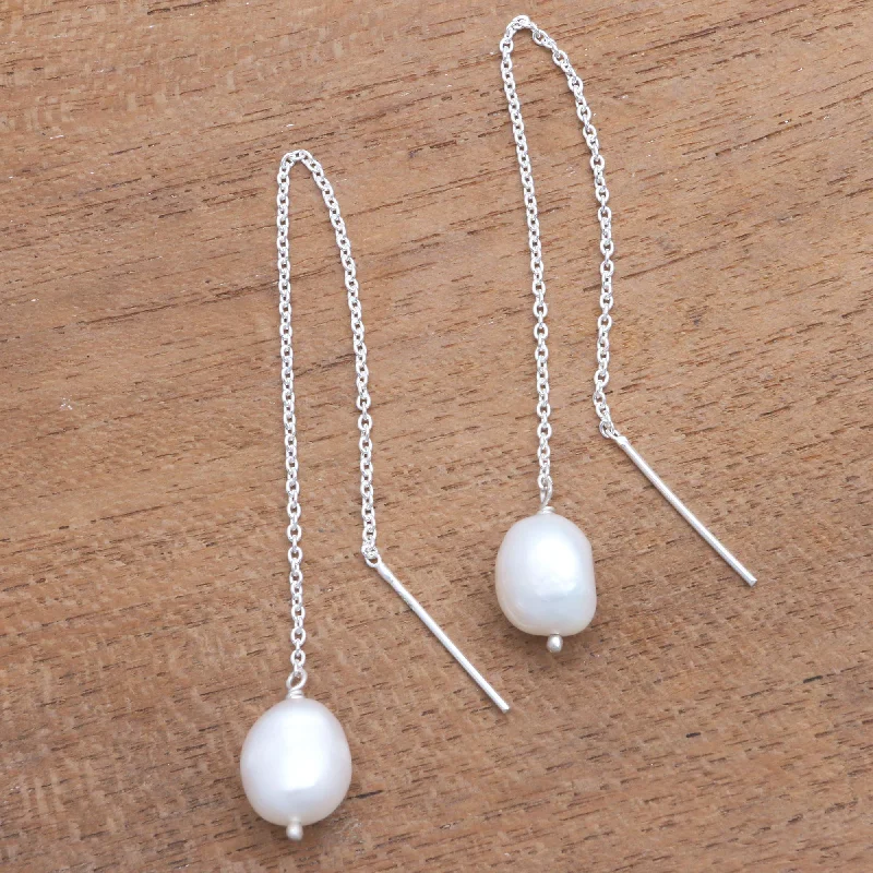Luxury Handcrafted Jewelry For Elegant Looks Lantern Light Cultured Pearl Threader Earrings Crafted in Bali