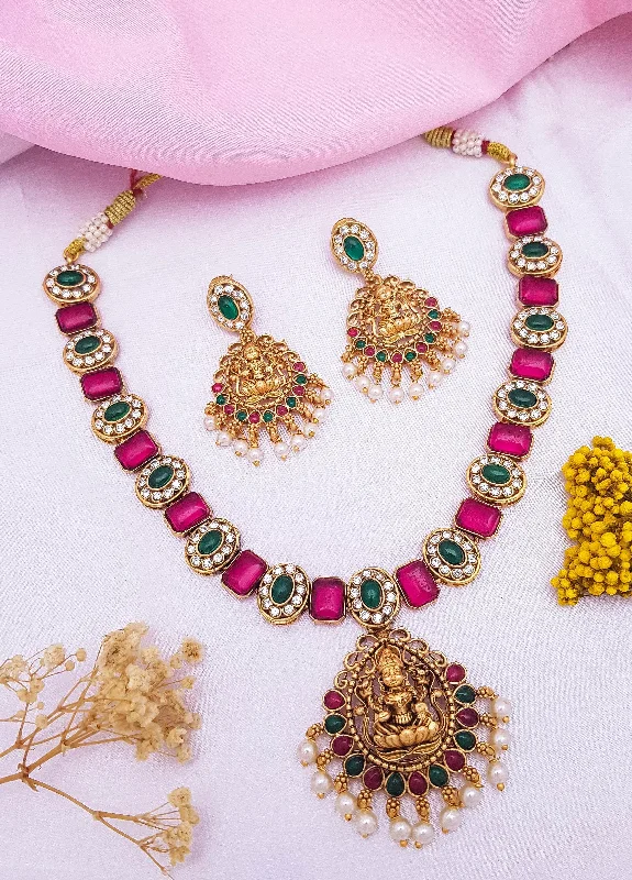 Don't Miss Our Biggest Jewelry Sale Of The Season Gold Plated Laxmi Necklace Set with Red White Color Stones Don't Miss Our Biggest Jewelry Sale Of The Season Gold Plated Laxmi Necklace Set with Red White Color Stones