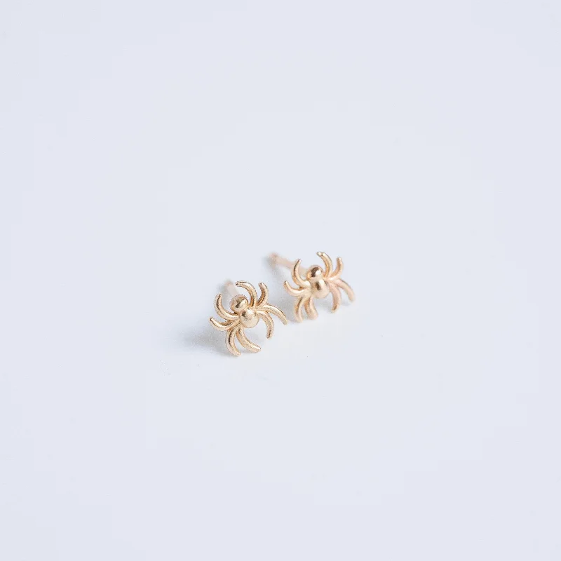 Waterproof Stainless Steel Jewelry For Lasting Beauty Tiny Spider Stud Earrings in 14 karat Yellow Gold