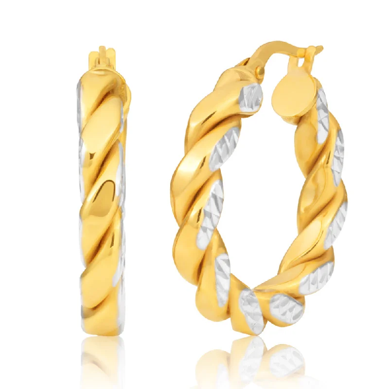 Exclusive Jewelry Sale Event – Shop Now 9ct Two-Tone 15mm Fancy Twist Diamond Cut Pattern Hoop Earrings