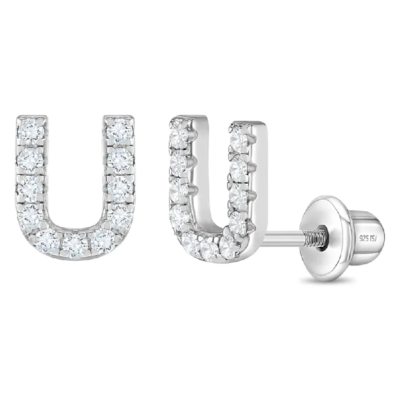 Clearance Sale On High-End Jewelry Collections Cubic Zirconia Letter Initial Baby / Toddler / Kids Earrings Screw Back - Sterling Silver