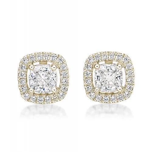 High-Quality Jewelry At A Fraction Of The Cost Cushion and Round Brilliant stud earrings with 1.19 carats* of diamond simulants in 10 carat yellow gold High-Quality Jewelry At A Fraction Of The Cost Cushion and Round Brilliant stud earrings with 1.19 carats* of diamond simulants in 10 carat yellow gold