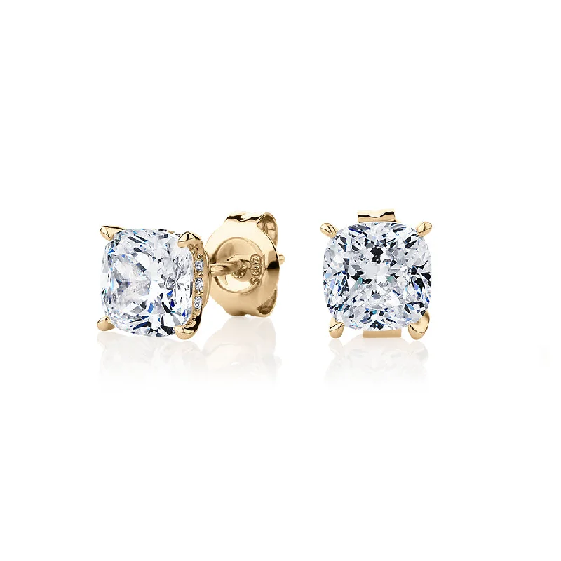 Stunning Jewelry At Even More Stunning Prices Cushion stud earrings with 2.18 carats* of diamond simulants in 10 carat yellow gold
