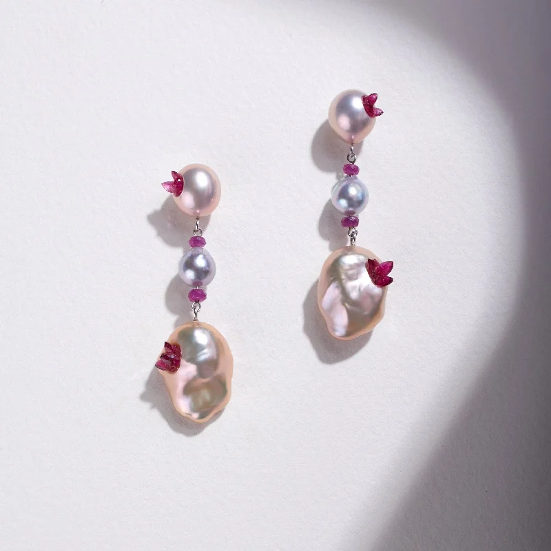 Trendy Minimalist Jewelry For Everyday Wear Freshwater Souffle and Vietnamese Blue Akyoa Pearl Point Dangle Earrings with Rubies