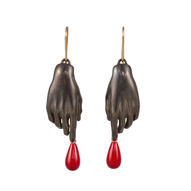 Discounted Luxury Jewelry – Shine Without The Splurge Gabriella Kiss Oxidized Bronze Hand Earrings with Red Drops Discounted Luxury Jewelry – Shine Without The Splurge Gabriella Kiss Oxidized Bronze Hand Earrings with Red Drops