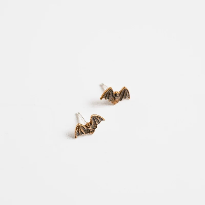 High-Quality Gemstone Jewelry For Special Occasions Bat Stud Earrings in Oxidized Brass; Halloween Earrings