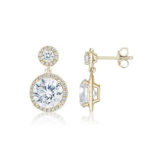 Best-Selling Jewelry Styles Now At Exclusive Discounts Round Brilliant halo stud earrings with 6.22 carats* of diamond simulants in 10 carat yellow gold