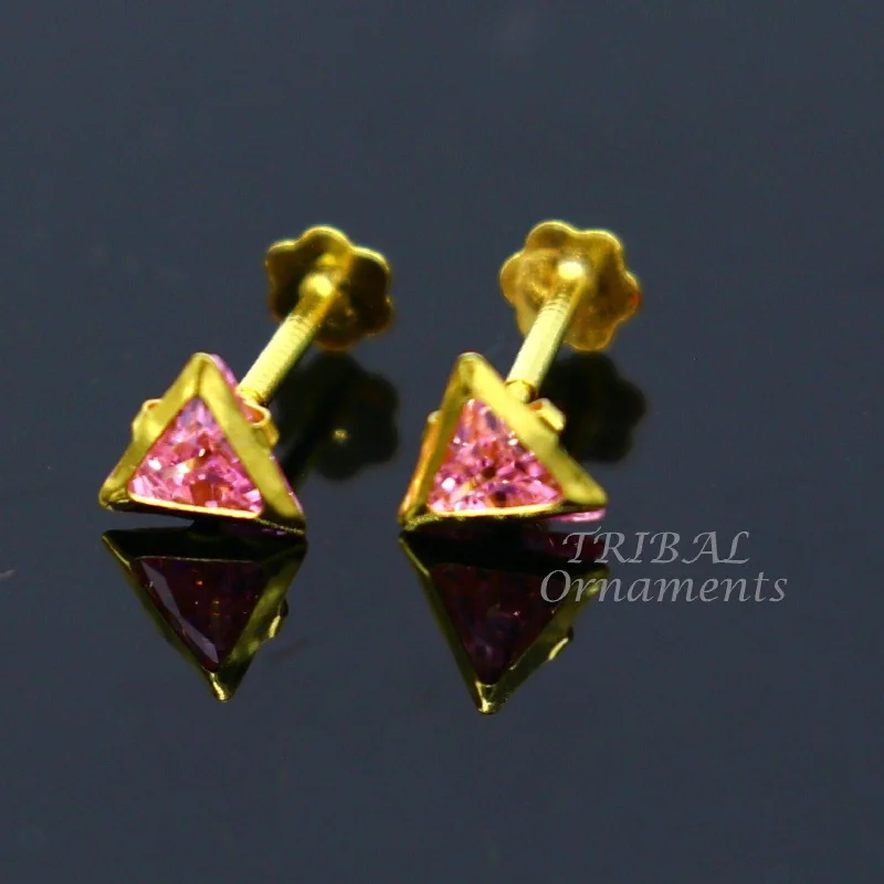 Elegant Jewelry Pieces At Unbelievable Prices 4mm 18kt yellow gold handmade single Pink stone Triangle shape stud earring cartilage earring customized unisex screw back jewelry er153 Elegant Jewelry Pieces At Unbelievable Prices 4mm 18kt yellow gold handmade single Pink stone Triangle shape stud earring cartilage earring customized unisex screw back jewelry er153