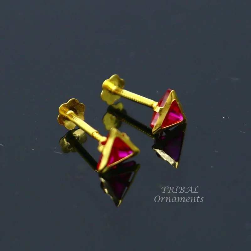 Don't Miss Our Biggest Jewelry Sale Of The Season 4mm 18kt yellow gold handmade single red stone Triangle shape stud earring cartilage earring customized unisex screw back jewelry er152 Don't Miss Our Biggest Jewelry Sale Of The Season 4mm 18kt yellow gold handmade single red stone Triangle shape stud earring cartilage earring customized unisex screw back jewelry er152