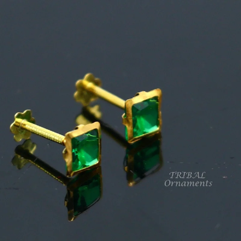 Special Deals On Handcrafted And Designer Jewelry 4mm single green stone gorgeous 18kt yellow gold handmade square shape screw back stud earring or nose in unisex jewelry er155 Special Deals On Handcrafted And Designer Jewelry 4mm single green stone gorgeous 18kt yellow gold handmade square shape screw back stud earring or nose in unisex jewelry er155