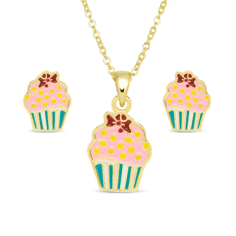 Affordable Gold-Plated Jewelry For Modern Fashion Cupcake Necklace and Earrings Set