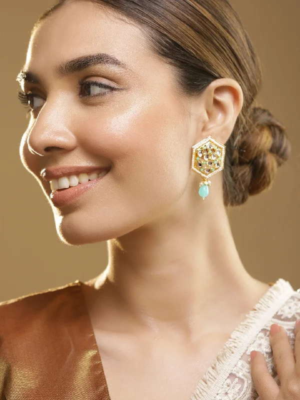 Shine Bright With Our Special Jewelry Promotions Gold Plated Kundan White & Blue Beads Stud Earrings Shine Bright With Our Special Jewelry Promotions Gold Plated Kundan White & Blue Beads Stud Earrings