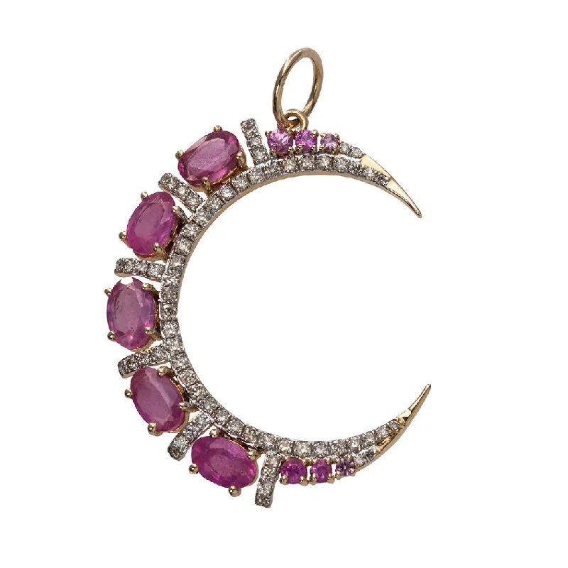 Huge Savings On Premium Jewelry Styles Pink Sapphire & Diamond 14K Yellow Gold Crescent Pendant Huge Savings On Premium Jewelry Styles Pink Sapphire & Diamond 14K Yellow Gold Crescent Pendant