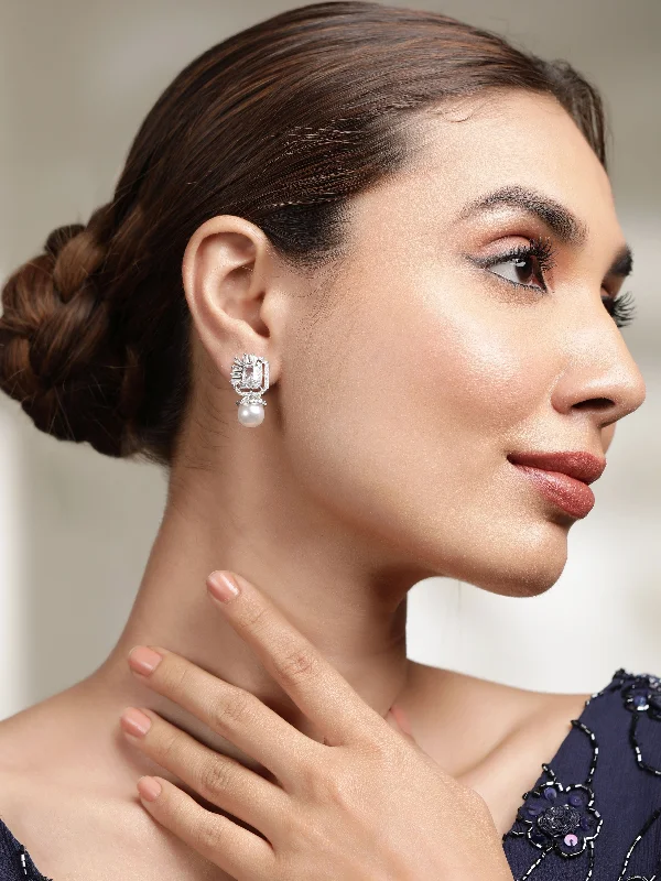 Buy More, Save More On Stunning Jewelry Pieces Rhodium plated zirconia studded pearl beaded dainty stud earrings Buy More, Save More On Stunning Jewelry Pieces Rhodium plated zirconia studded pearl beaded dainty stud earrings