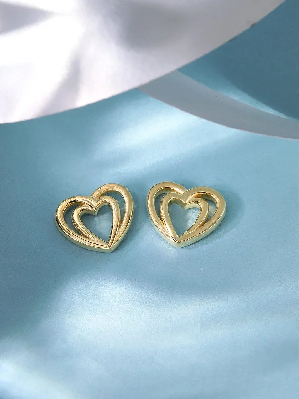 Your Perfect Accessory At The Perfect Price Rubans 925 Silver, 18K Gold Plated Layered Heart Motif Stud Earrings.