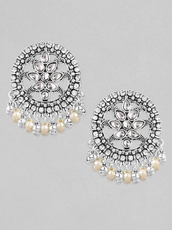 Dazzle In Elegance With Our Biggest Jewelry Sale Rubans Silver-Plated & Beige Oxidised Contemporary Stud Earrings