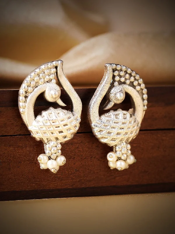 Trendy And Classic Jewelry Now At Reduced Prices Rubans Silver Plated Earrings With Handcrafted Peacock Design And Silver Beads Trendy And Classic Jewelry Now At Reduced Prices Rubans Silver Plated Earrings With Handcrafted Peacock Design And Silver Beads