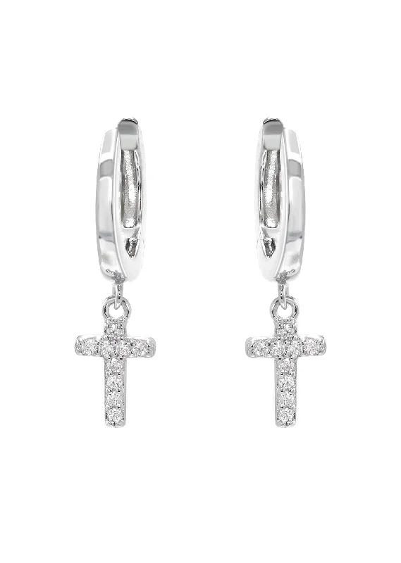 Shop Jewelry That Shines Without The High Price Silver CZ Hoop Cross Earring | Appx. 2 Grams Shop Jewelry That Shines Without The High Price Silver CZ Hoop Cross Earring | Appx. 2 Grams