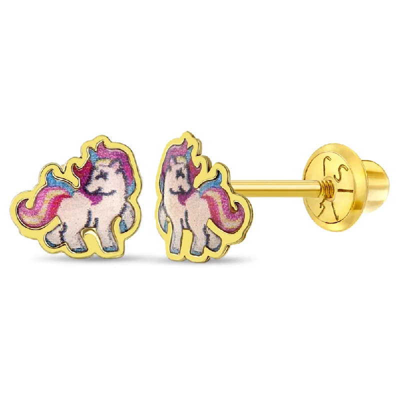 Modern Statement Jewelry For Bold Styling 14k Gold Galloping Unicorn Baby / Toddler / Kids Earrings Safety Screw Back Enamel Modern Statement Jewelry For Bold Styling 14k Gold Galloping Unicorn Baby / Toddler / Kids Earrings Safety Screw Back Enamel