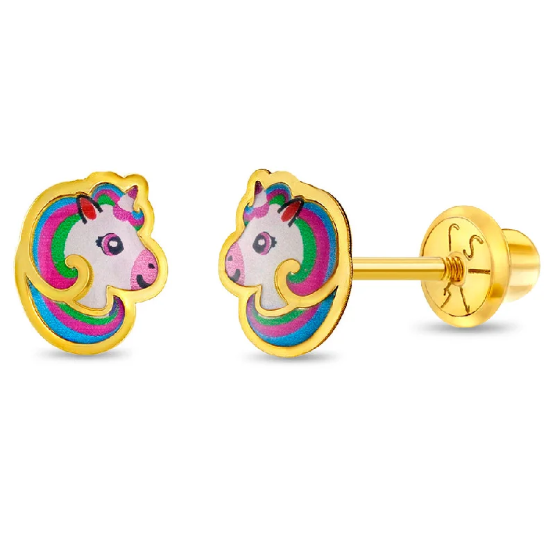 Premium Diamond Jewelry For Unforgettable Moments 14k Gold Rainbow Mane Unicorn Baby / Toddler / Kids Earrings Safety Screw Back Enamel Premium Diamond Jewelry For Unforgettable Moments 14k Gold Rainbow Mane Unicorn Baby / Toddler / Kids Earrings Safety Screw Back Enamel