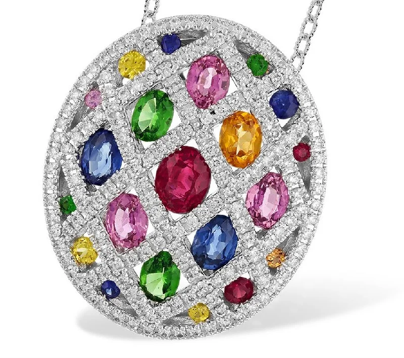 Affordable Luxury Jewelry For Every Occasion 14K White Gold Multicolored Stone And Diamond Oval Pendant Necklace Affordable Luxury Jewelry For Every Occasion 14K White Gold Multicolored Stone And Diamond Oval Pendant Necklace