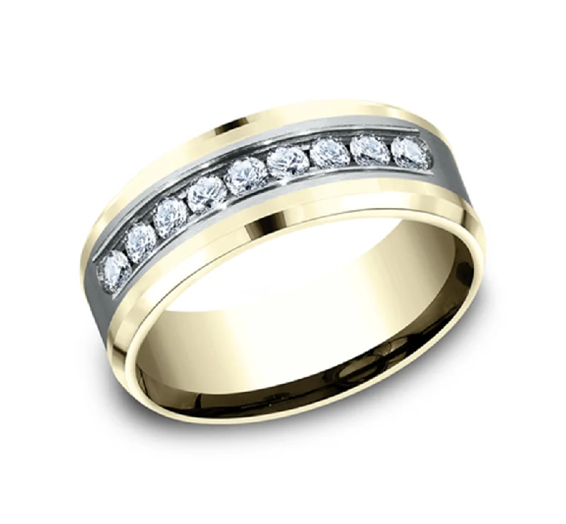 Luxury Jewelry At Unbeatable Discounts 14K Yellow And White Gold 'The Marquis' Satin Finish Center 8mm Diamond Wedding Band Luxury Jewelry At Unbeatable Discounts 14K Yellow And White Gold 'The Marquis' Satin Finish Center 8mm Diamond Wedding Band
