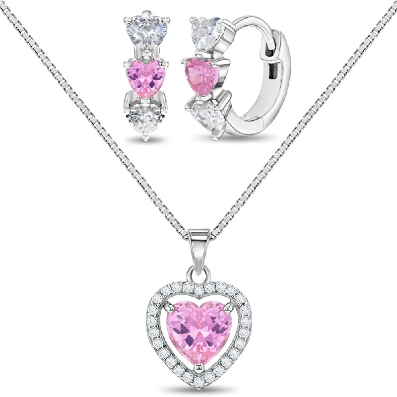 Affordable Gold-Plated Jewelry For Modern Fashion 925 Sterling Silver Pink & Clear CZ Heart Necklace Jewelry Set For Young Girls Affordable Gold-Plated Jewelry For Modern Fashion 925 Sterling Silver Pink & Clear CZ Heart Necklace Jewelry Set For Young Girls