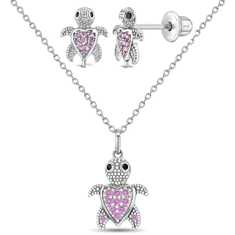 The Perfect Jewelry Piece At The Perfect Price 925 Sterling Silver Pink Cubic Zirconia Turtle Necklace Jewelry Set For Girls