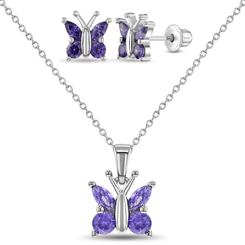 Luxury Handcrafted Jewelry For Elegant Looks 925 Sterling Silver Shiny Purple Cubic Zirconia Butterfly Jewelry Set for Young Girls Luxury Handcrafted Jewelry For Elegant Looks 925 Sterling Silver Shiny Purple Cubic Zirconia Butterfly Jewelry Set for Young Girls