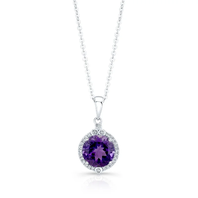 Unmissable Jewelry Clearance – Final Reductions Amethyst And Diamond Round Halo Pendant With Bezel Accent In 14k White Gold