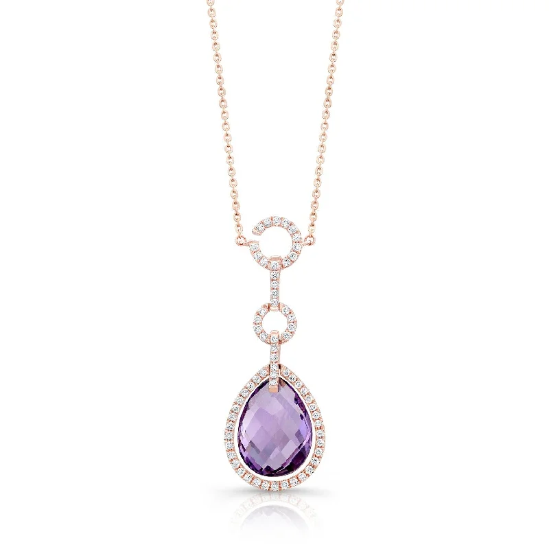 Limited-Time Jewelry Discounts – Shine Without The Splurge Amethyst Checkerboard Pear Shape Pendant With Diamond Border And Circle Links Bail In 14k Rose Gold (15x11mm)