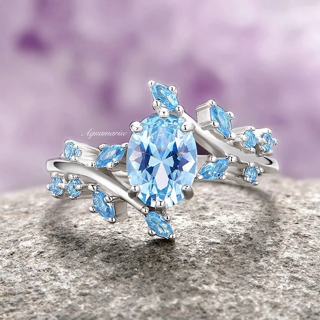 Discounted Luxury Jewelry – Shine Without The Splurge Aquamarine Leaf Fairy Engagement Ring- 925 Sterling Silver