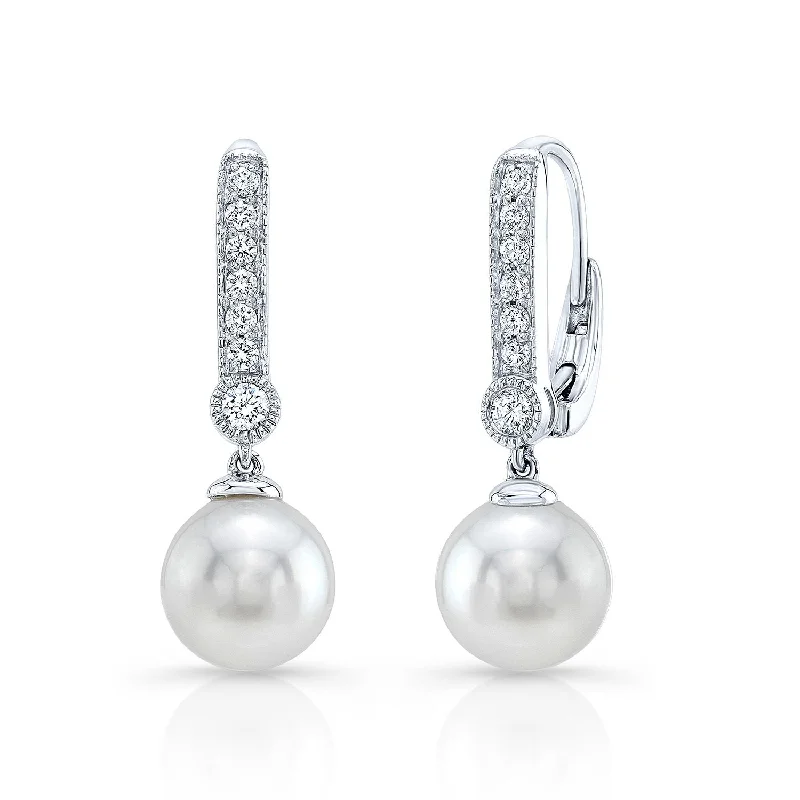 Classic And Modern Jewelry Styles On Sale Cultured Pearl And Diamond Straight Dangle  Earrings With Prong Set Tops And Bezel Accent In 14k White Gold (8.0-8.5mm) (si)