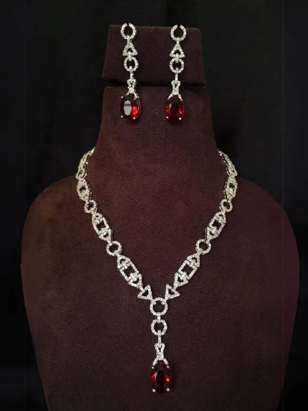 Waterproof Stainless Steel Jewelry For Lasting Beauty Dark Pink American Diamond Embellished Pendant Necklace Waterproof Stainless Steel Jewelry For Lasting Beauty Dark Pink American Diamond Embellished Pendant Necklace