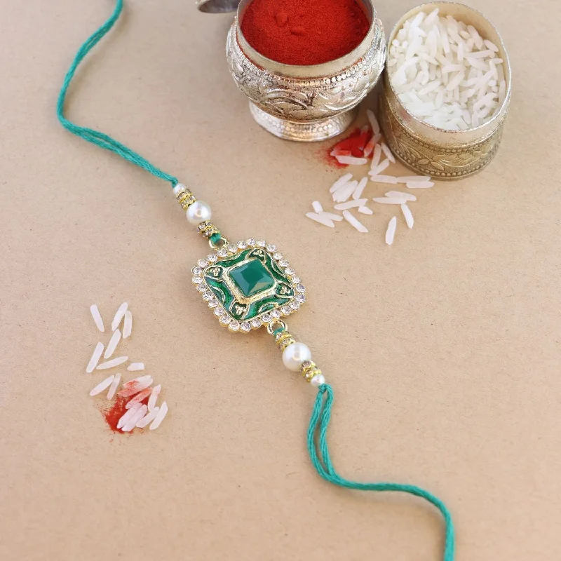Chic, Trendy, And Affordable Jewelry Sale Etnico I Jewels Pearl & Meenakari Designer Bhaiya Rakhi With Roli Chawal for Brother/Bro/Men with Rakshabandhan Card (R098G)