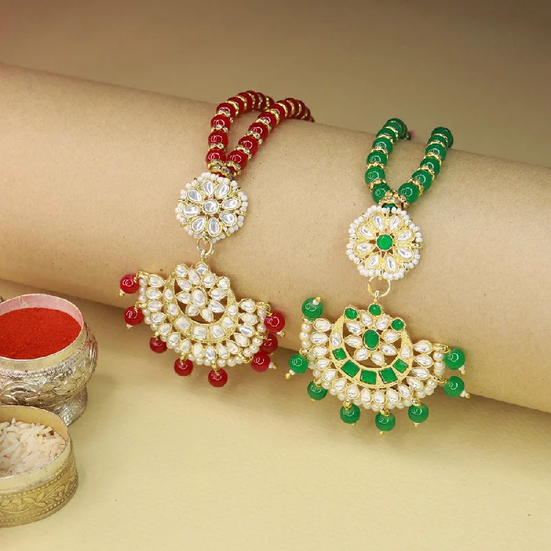 Dazzle In Elegance With Our Biggest Jewelry Sale Etnico Rakshabhandan Special Designer Pearl Hanging Floral Lumba Rakhi for Bhabhi (R068Q-GLCO) (Set of 2)