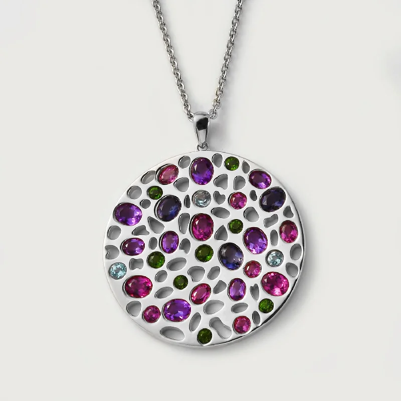 Elegant Designs, Unbeatable Discounts – Shop Jewelry Now Lattice Disc and Multi Gems Pendant with FREE Chain + Allegro Loop Multi Gems Hoop Earrings